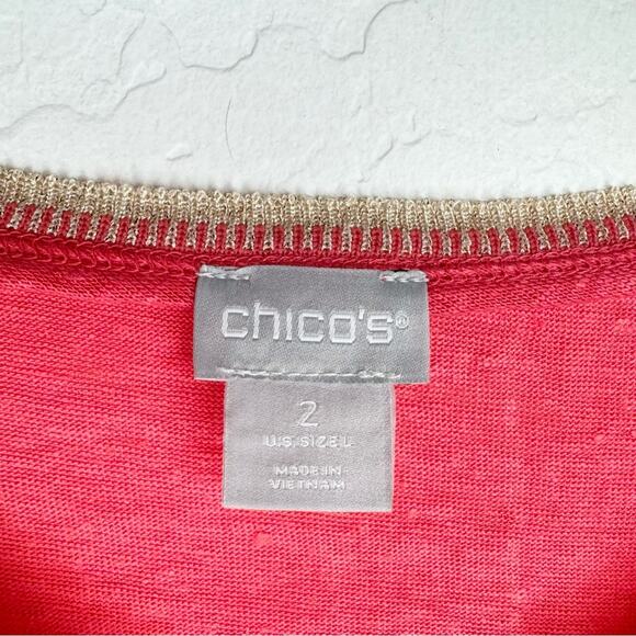Chico's Linen Sweater Trim Pullover Relaxed Tee In Coral Pink Size 2 [US Large] - Picture 7 of 10